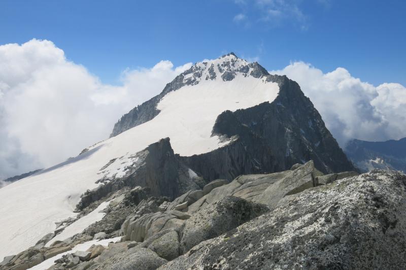 la pala del Carè Alto con a sinistra la cresta est, a destra la via Normale